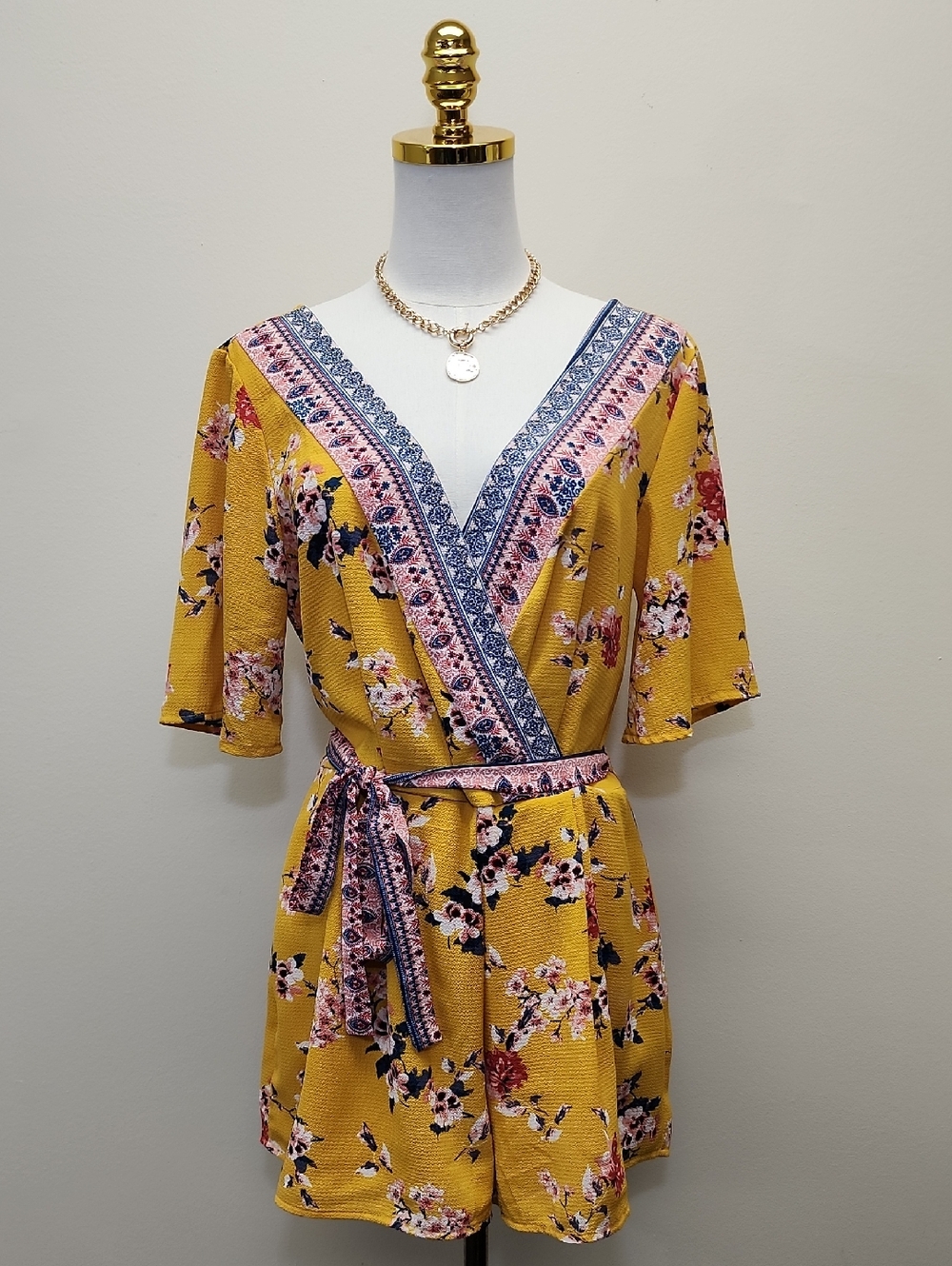 Trixxi Yellow Floral Wrap Front Romper Dress Size Medium